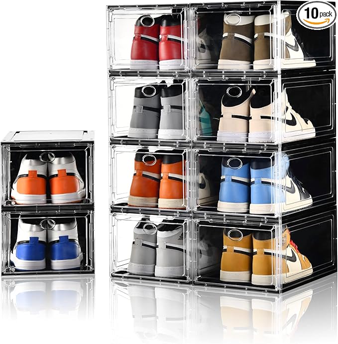 Amllas 10 Pack Shoe Boxes Stackable,Upgraded Sturdy Storage Boxes with Clear Magnetic Door,Multifunctional Sneaker Organizer Fit up to US Size 12 (13.8”x 9.84”x 7.1”)