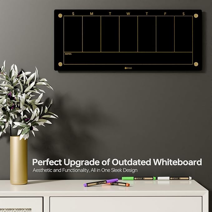 Black Glass Golden Weekly Dry Erase Calendar Whiteboard for Wall, to Do List & 7 Days Planner White Board for Home Office, 23x9.5, 4 Wet Erase Markers Included, Yeoux*