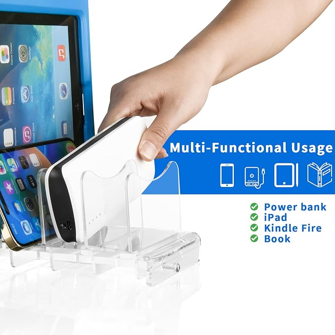 CaSZLUTION Acrylic Multi Device Organizer Stand Base for Portable Charger Power Banks, 4 Slots Desktop Storage Holder Compatible with USB Battery Pack, Phones and Tablets (Stand Only) - Clear