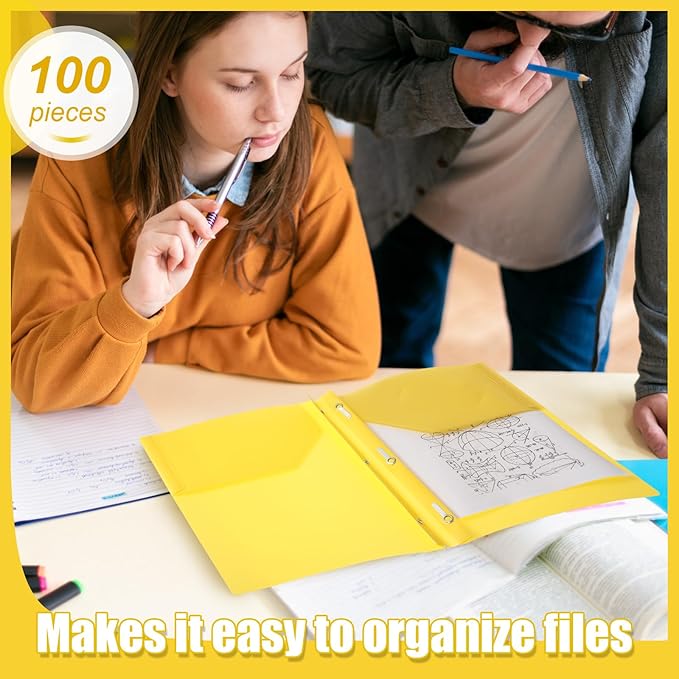 Lincia 100 Pcs Plastic Folders with Pockets and Prong Folders with Prongs 2 Pockets for Office, School for Students, Teachers, Office Workers(Yellow)