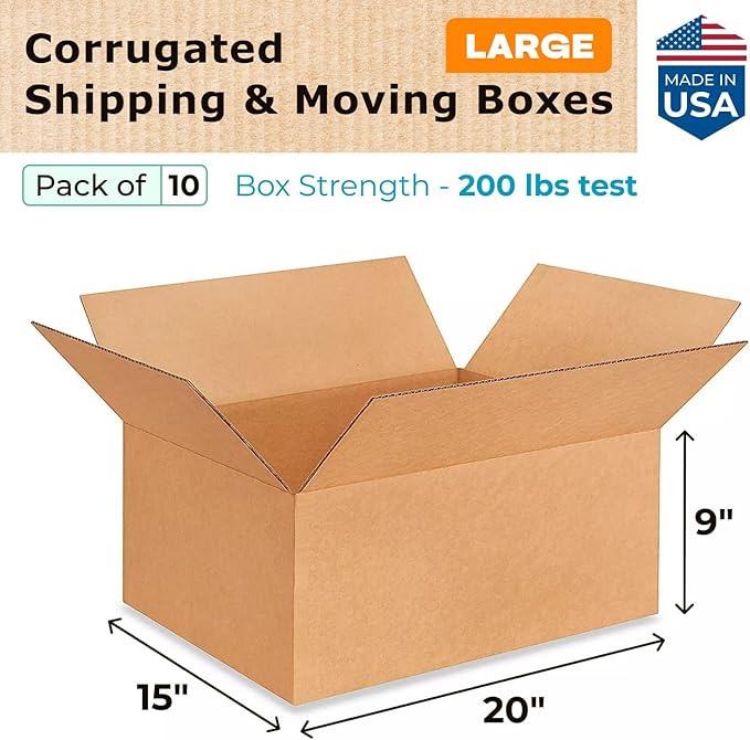 Large Moving & Shipping Boxes 20x15x9 inches (10-Pack) - Extra Strength 200 lb vs Regular - Corrugated Boxes for Packaging Moving Stuff - Large Box for USPS, FedEx - Moving Box by IDL Packaging