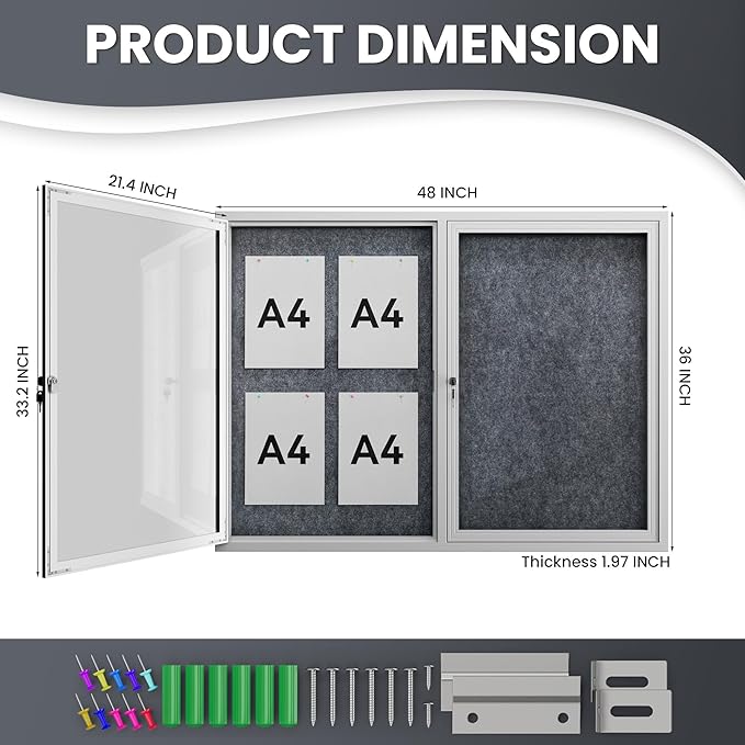 48"x36" Lockable Enclosed Bulletin Board, Outdoor Flet Weather-Resistant Aluminum Frame Notice Board, Wall Mounted Display Case Acrylic Doors for School,Office,Silver Frame w/Grey Flet