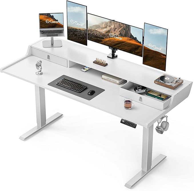 ErGear Electric Standing Desk with Drawers, 63″ x 28″ Gaming Table Compatible Monitor Stand, Stand up Desks, Home Office Height-Adjustable Desk with Storage Shelf, 4 Preset Heights, White