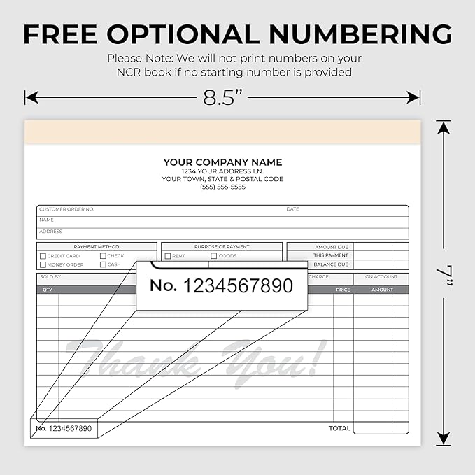 Custom 8.5" x 7" Carbonless NCR Books in 2-Part Duplicate Invoices, Receipts, Work Orders, Sales Orders, Purchase Orders, Estimates, Quote Forms with Your Company/Business Name (100 Sets)