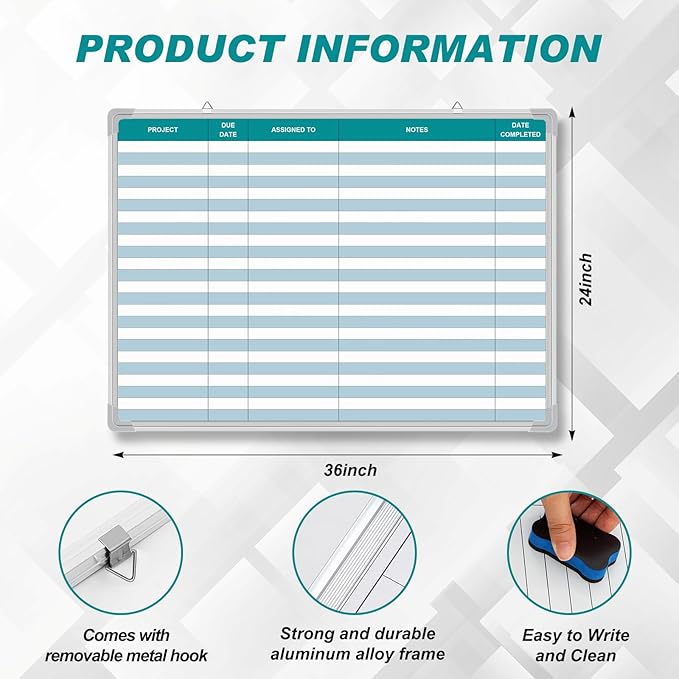 Lined Whiteboard Blank Grid Aluminum Frame Dry Erase Board Reusable Wall Mounted Board for Scheduling, to Do Lists Weekly Planning Home Work(36 x 24 Inch,Colorful Project Planning)
