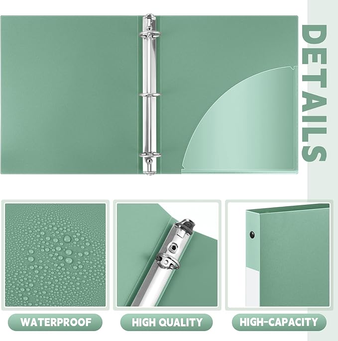 Henoyso 36 Pcs 3 Ring Binder 0.5 Inch Round Fits Letter Size 8.5'' x 11'' Paper Plastic Flexible Binder Bulk Holds 140 Sheets with 1 Pockets Versatile Organizer for Home Office School (Sage Green)