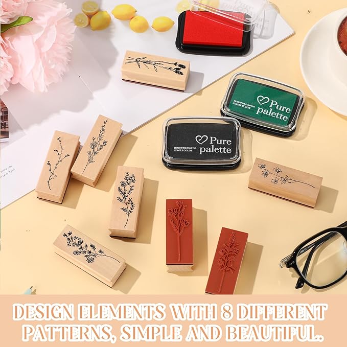 Tenare 8 Pieces Vintage Rubber Stamps Decorative with 3 Colors Ink Pad Wooden Plant Flower Stamps Set for DIY Craft, Scrapbook, Letters Diary and Card Making
