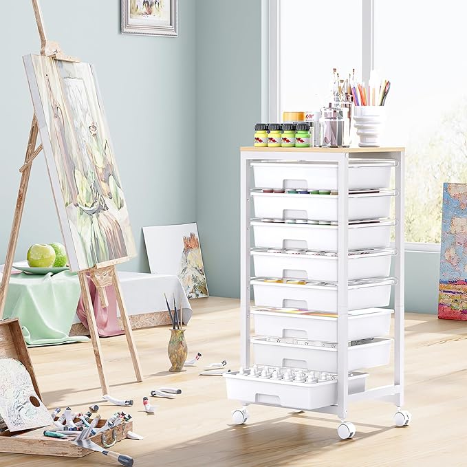 SYKIARIOL Rolling Cart with Drawers,8 Drawer Rolling Cart,Rolling Drawer Cart,Rolling Storage Drawer Cart,White Rolling Cart,Utility Cart with Drawers and Wooden Tabletop