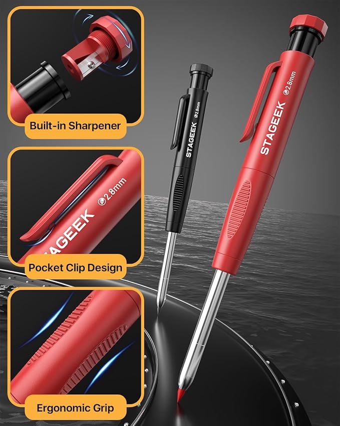 STAGEEK 2PCS Carpenter Pencils with Sharpener, Heavy Duty Woodworking Tools, Mechanical Pencil Set with 26 Refills, Deep Hole Long Nib Marker Pens for Architect Marking with Case (Black, Red)
