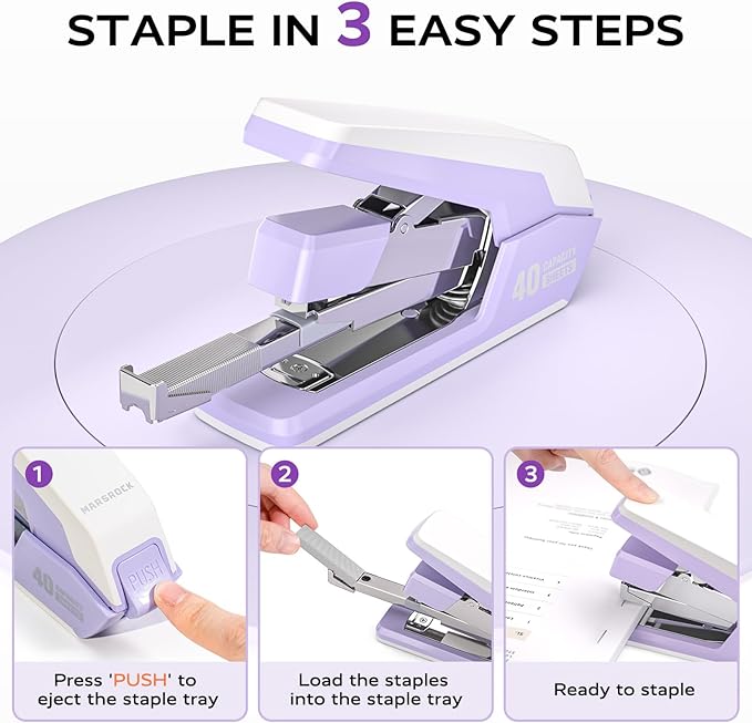 MARSROCK Effortless Stapler for Desk with 40-50 Sheet Capacity, 2000 Staples, 1-Touch Stapling, Ergonomic & Easy to Load Desktop Staplers, Heavy Duty Stapler, and Magnetic Staple Remover, Purple