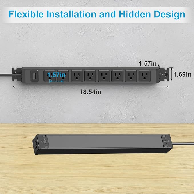 HHSOET Metal 360° Rotating Mountable Power Strip, 8 Outlet Gaming Table Mounted Long Power Strip, Heavy Duty Wall Mount Surge Protector with Switch, 15A 125V 1875W, 3ft Power Cord.(Black)