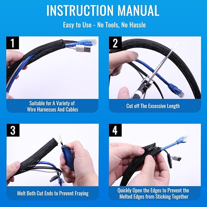 Flauzmann 1/4" Braided Cable Sleeve - 10Ft Cat Cord Protector Split Wire Loom Tubing Flexible Self Wrapping for USB, Audio, Automotive Cord, Dog Chew Proof Cable Protector - Black
