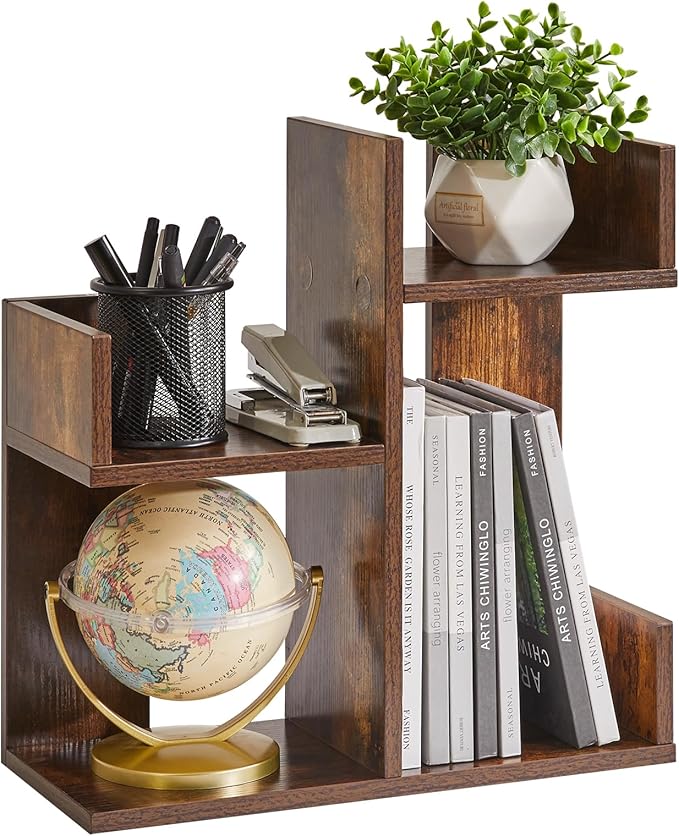 Aibiju Book Display Shelf Small Desk Organizer, Desk Top Storage Organizer, Cookbook Storage Kitchen Counter Shelf, Tabletop Plant Shelf Stand Rustic Brown YD-DSR002H