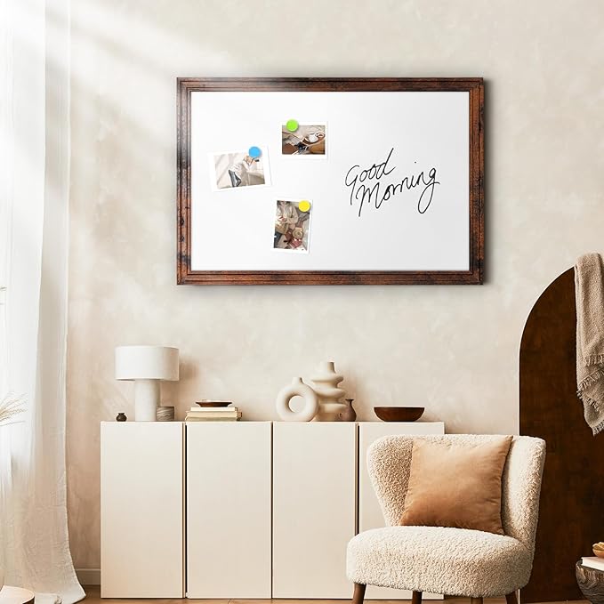 Large White Board for Wall, 36'' x 24'' Magnetic Dry Erase Board, Decorative Whiteboard, Brown Vintage Wooden Frame