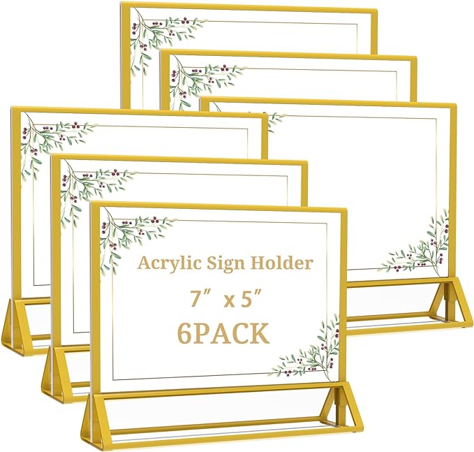 PPH-Sisy Clear Acrylic Sign Holder 7x 5 Horizontal Double Sided Gold Frame Flyer Holder for Wedding Table Number Menu Holder (6pcs)