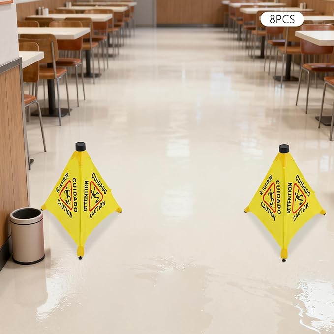 20 inch Wet Floor Sign 8 Pcs, Pop up Foldable Wet Safety Signs with Storage Tube Commercial Caution Safety Cone Pop up Caution Sign, for Stores Grocery Restaurant Restroom Office Hotel (8)