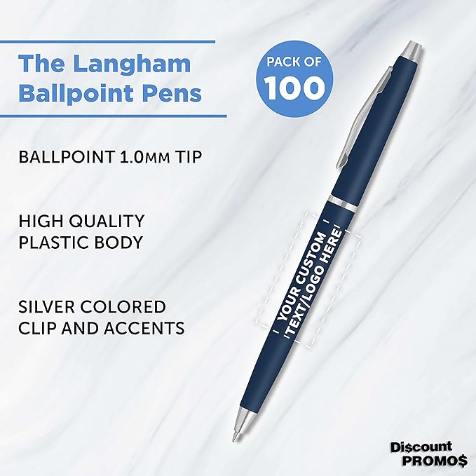 DISCOUNT PROMOS Custom Langham Ballpoint Pens Set of 100, Personalized Bulk Pack - Black Ink, Great for Office, School, Business, Tradeshows - Navy Blue