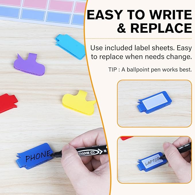 SummerBrite 36-Pack Large Cable Labels with 40 Write-On Stickers, Reusable 8-Color Wire Tags for Electronics, Cord ID & Cable Management for Home Office, PC Network - Rectangle & Oval
