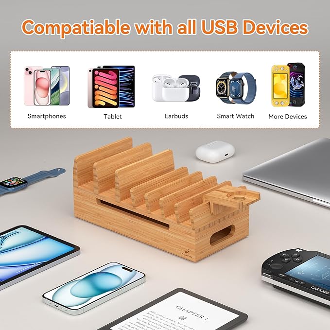 Pezin & Hulin Bamboo Charging Station with Watch Stand, Docking Holder for Multi Device with 5 Charge Cables, Desktop Dock Stations Electronic Organizer for Cellphone, Tablet, Watch-Natural Bamboo