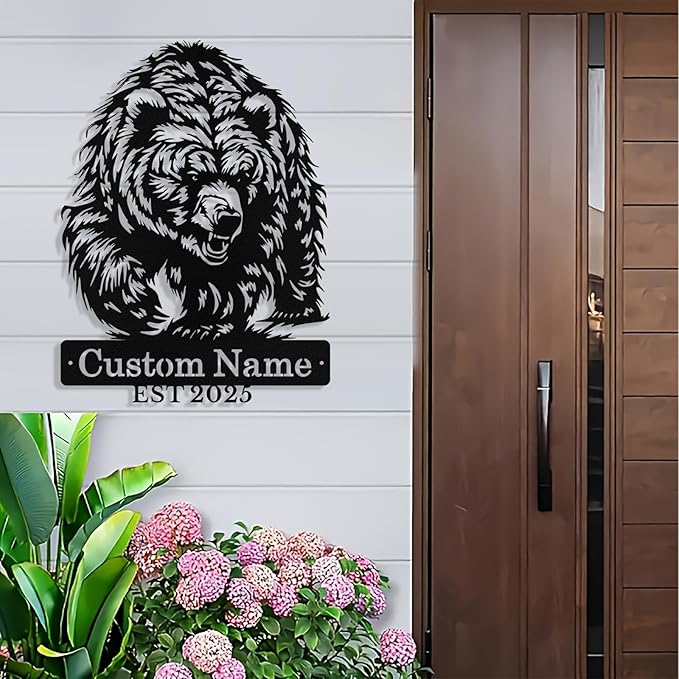 Custom Bear Metal Sign, Custom Bear Metal Wall Art Decor, Personalized Last Name Signs for Home, Rustic Farmhouse Black Wall Decor for Cabin, Bedroom, Living Room, Porch
