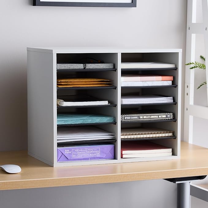 Safco Literature Organizer, 12 Compartments, Office and Classroom Mailbox with Adjustable Shelves, Wood Paper and Mail Sorter, Gray