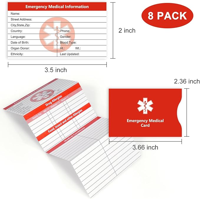 MEDMAX 8 Pack Emergency Medical Cards Tri-Folding with Protective Sleeves, Emergency Medical Alert Information Contact ID Card for Wallet Pocket