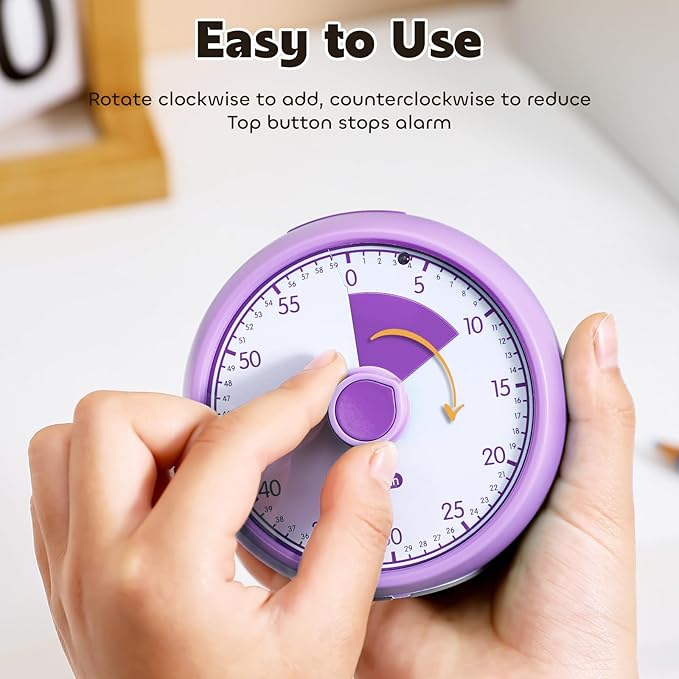 Visual Timer for Kids 60-Minute - Countdown Timer with Optional Alarm, Focus Tool for ADHD & Autism, Time Management for Homework, Chores, Office, Kitchen, Teaching & Study Routines (Purple)