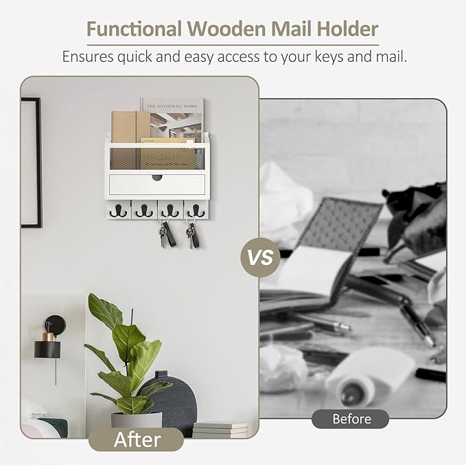Nekon Mail Organizer with Drawer for Wall, 12"W x 10"H x 3.1"D Mail Sorter Wall Mounted, Wooden Key Holder Wall File Organizer Letter Sorter for Letter Magazines (White)
