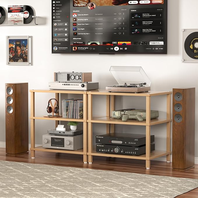 LELELINKY 3-Tier AV Media Player Stand Set of 2, Natural Stereo Cabinet, Wooden TV Stand,Game Console Shelf, Multifunctional Entertainment Center, Suitable for Home, Conference Room, Game Studio