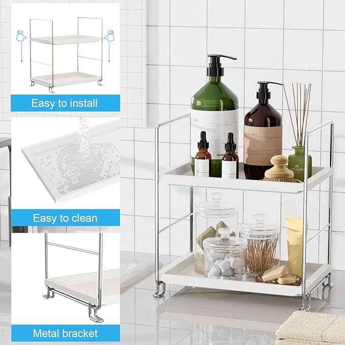 FSyueyun 2-Tier Bathroom Countertop Organizer, Tool-Less Installation Premium Plastics Makeup Shelf Organizer Perfume Skincare for Dresser Vanity Tray Organizers and Storage (Sliver)