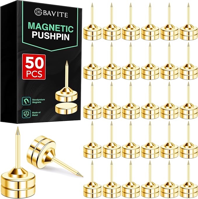 E BAVITE 50 Set Magnetic Push Pins,Flat Push Pin, Magnetic Thumb Tacks for Wall Bulletin Board Poster and Photo Hangers (Gold)