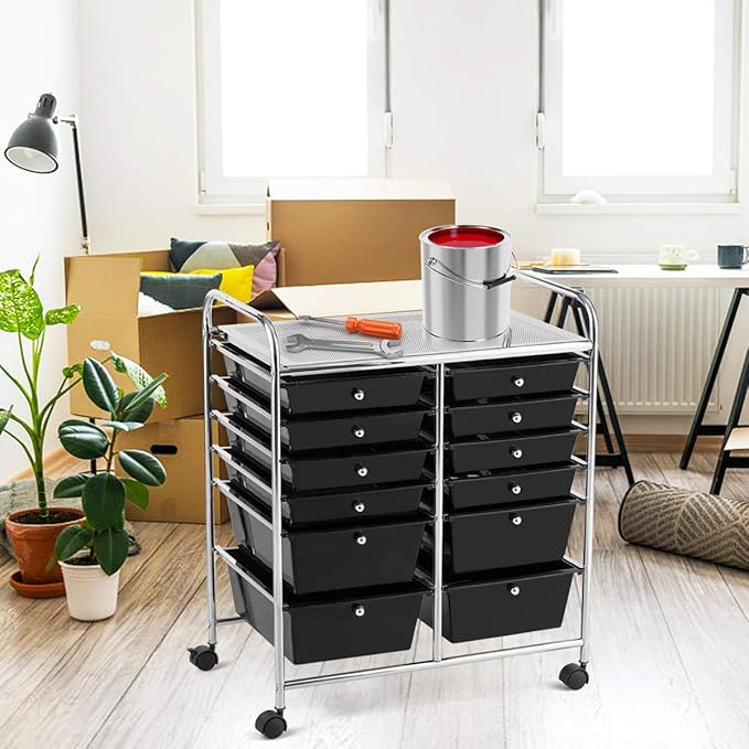 LDAILY 12 Drawer Rolling Storage Cart, Craft Cart Organizer on Wheels w/Metal Frame, Large Capacity & Smooth Drawer, Rolling Cart w/Drawers for Classroom, Office