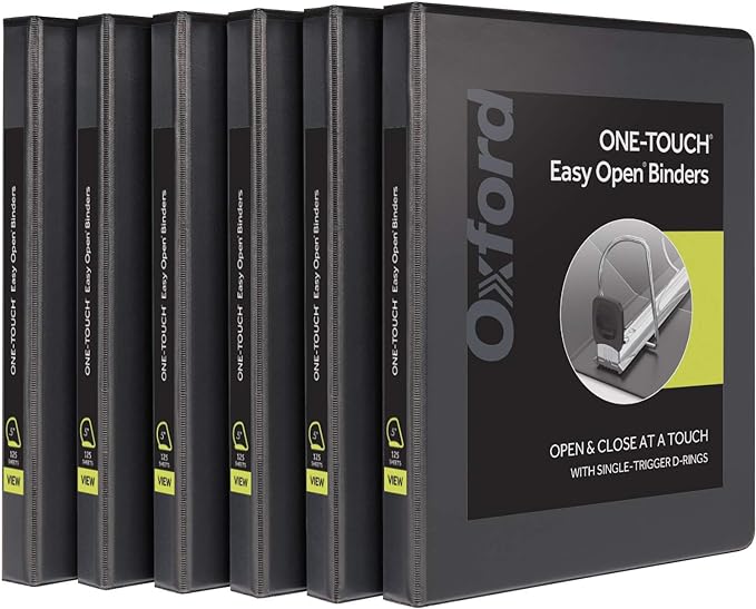Oxford 3 Ring Binders, 0.5 inch ONE-Touch Easy Open D Rings, Durable Binders for School and Office, View Binder Covers, Xtralife Hinge, Non-Stick, PVC-Free, Black, Holds 125 Sheets, 6 PK (79901)