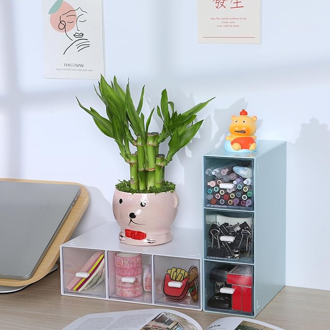OSteed Desktop Drawers, Desk Organizer with 3 Drawers, Stackable Plastic Storage Box for Home Collection, Cosmetics, Jewelry, Office Supplies (1 Tall Layer, Blue)