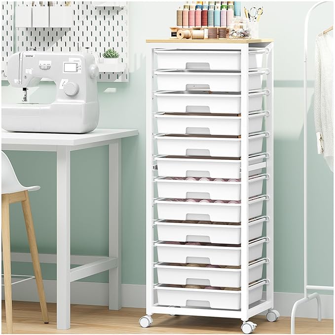 SYKIARIOL Rolling Cart with Drawers,12 Drawer Rolling Cart,Rolling storage cart with drawers,White Rolling Drawer Cart,Teacher Rolling Cart for Classroom Storage,Craft Cart with Wooden Tabletop