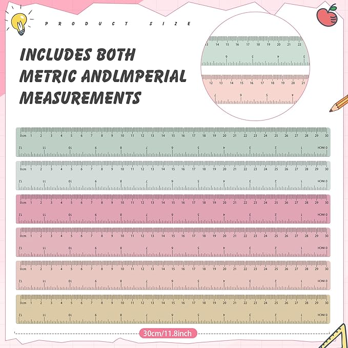 ForraFun 120 Pcs 12 Inch Plastic Ruler Bulk Colorful Transparent Ruler with Imperial and Metric Scales for Back School Office Supplies Home Tool Operation Measuring Drawing(Vintage Colors)
