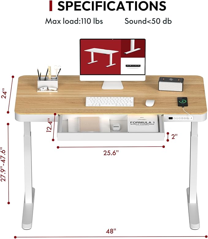 SANODESK Standing Desk with Drawer, Electric Height Adjustable Home Office Desk with Storage & USB Ports, 48 inch Maple Wood Tabletop/White Frame