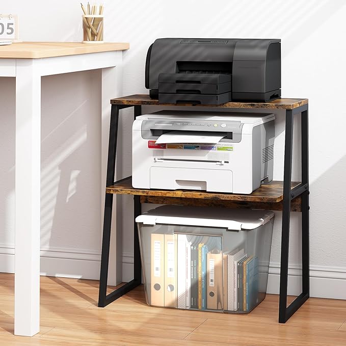 Arbuxzuy Printer Stand for Desk, Desktop Printer Shelf, 3 Tier Desk Shelf for top of Desk, Large Printer Stands Office Organization Shelves for Home Office Printer Fax Book, Rustic Brown