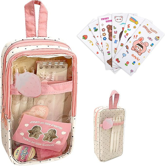 UINSUE Cute Pen case Adorable Bunny Transparent 3-Layer Large Capacity Pencil Case Gadget organizer with Lovely Stickers (Pink Polka Dot)