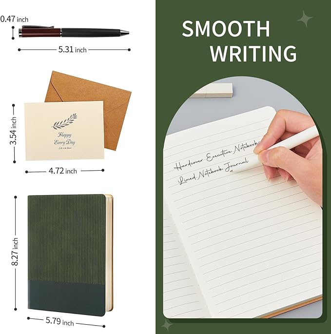 TSFPapier A5 Lined Notebook with Pen & Gift Box 216 Pages PU Leather Journal for Women Men 100GSM Thick Paper College Ruled Notebook for Christmas Gifts, School,Travel,Business,Work,Home Writing (Dark Green)
