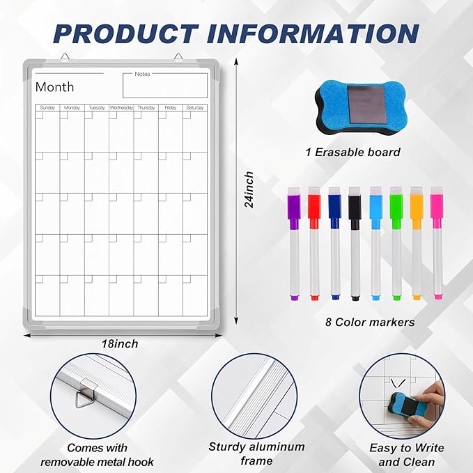 Lincia 24" x 18" Magnetic Vertical Monthly Dry Erase Calendar for Wall Undated Horizontal Dry Erase Calendar Planner Aluminum Frame Whiteboard for Home Office Projects Wall Fridge