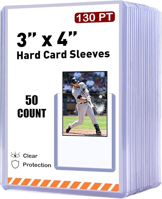 50ct 130pt 3"x4" Hard Card Sleeves - Hard Plastic Trading Card Protector, Rigid Clear Open-Top Card Sleeve, Fits Standard Thick Trading, Baseball, Sports, Game Collectible Cards