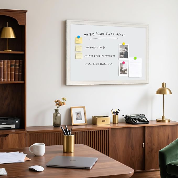 Large White Board for Wall, 36'' x 24'' Magnetic Dry Erase Board, Decorative Whiteboard, White Vintage Wooden Frame