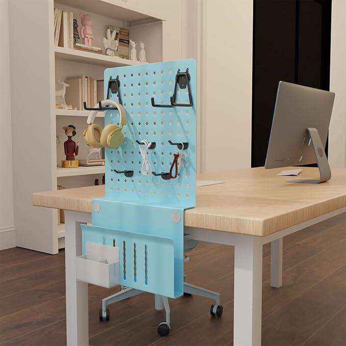 Henitol Desk Side Storage with Clamp-On Desk Pegboard, Steel Privacy Panel, No-Drill Desk Organizer with Pen Holder, Table-Side Laptop Holder for Office and Home (Blue)