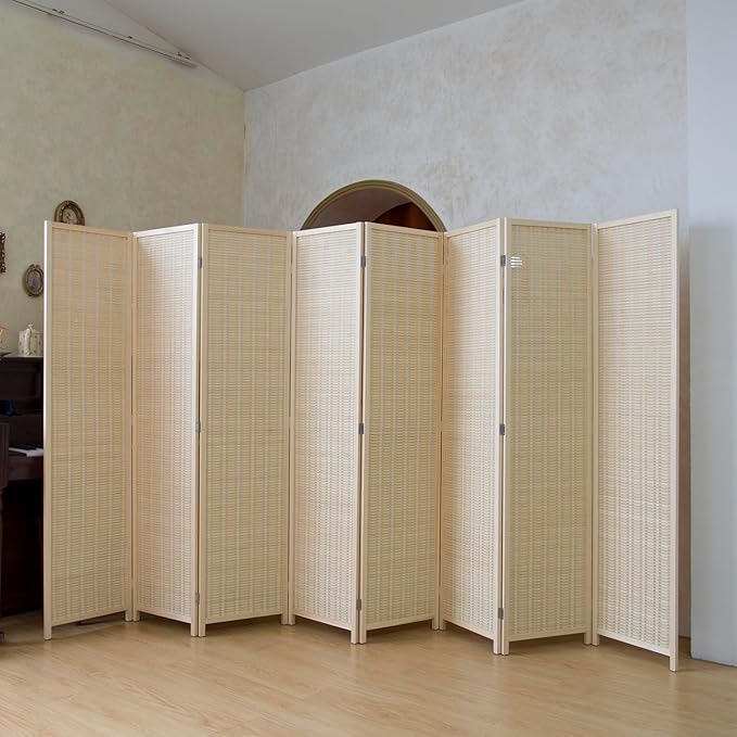 Loomveil 8 Panel Room Divider Folding Privacy Screen,67 inch Bamboo Panel Divider for Home Partition,Beige