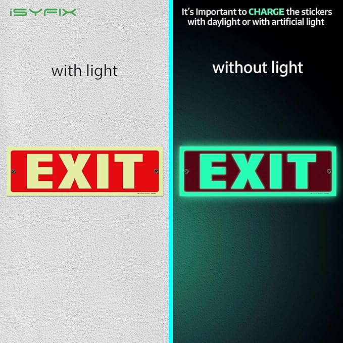 iSYFIX Exit Glow in the Dark Sign – 6 Pack 12x4 Inch – 40 mil Thick Polystyrene Plastic Sign, Laminated UV, Scratch & Fade Resistance, Waterproof, Indoor & Outdoor