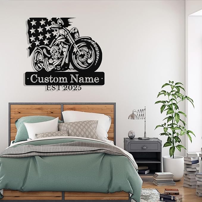 Custom US Flag Motorcycle Metal Signs Personalized Biker Name Sign Custom Garage Decor Motorbikes Wall Art Decor Motorcycle Sign Men Room Decorate Gifts for Men Husband Rider