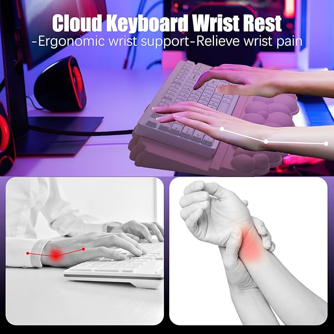 Wrist Rest with Keyboard Stand, Ergonomic Computer Wrist Support Pad, Cloud Keyboard Riser Holder with Wrist Pad, Memory Foam Desk Cushion, Palm Hand Typing for Office Home School-Pink