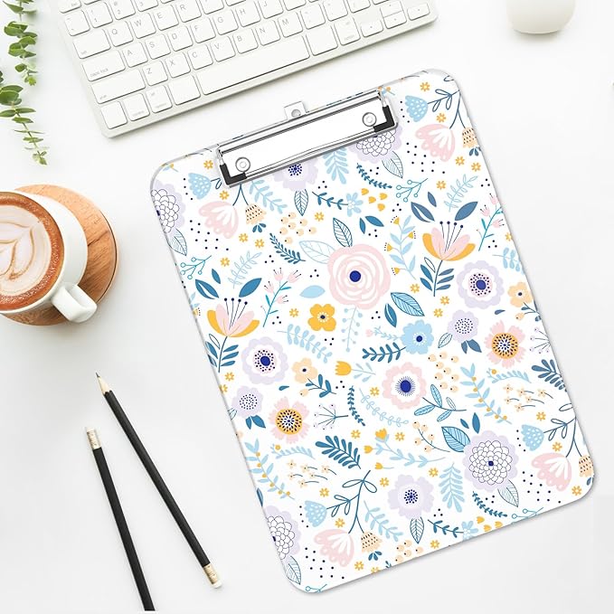 Luminzo Plastic Cute Clipboard Low-Profile Metal Clip, A4 Letter Size 9 x 12.5 in, 8.5 x 11 Paper Clip Board for Teachers, Nurses, Classroom,Cute Flowers