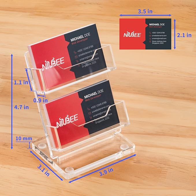 NIUBEE Acrylic Business Card Holder 2 Slots - Double Capacity Business Card Stand for Desk, 2 Tier Clear Gift Card Display for Office, Event, Exhibition